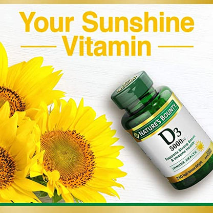 Nature's Bounty Vitamin D3, Immune Support, 125 mcg (5000iu), Rapid Release Softgels, 240 Ct