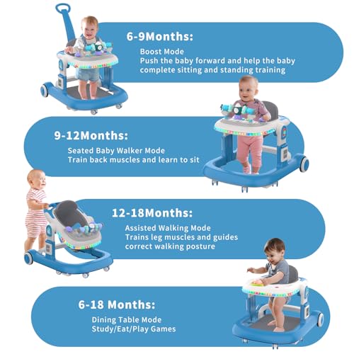 Baby Walker, Baby Walker with Wheels and LED Light, 4 in 1 Foldable Baby Walker, Adjustable Speed and 3 Height for Baby Girl and Baby Boy, Baby Walkers for Babies 6-18 Months