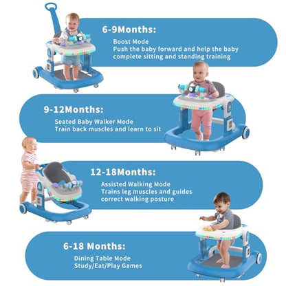 Baby Walker, Baby Walker with Wheels and LED Light, 4 in 1 Foldable Baby Walker, Adjustable Speed and 3 Height for Baby Girl and Baby Boy, Baby Walkers for Babies 6-18 Months