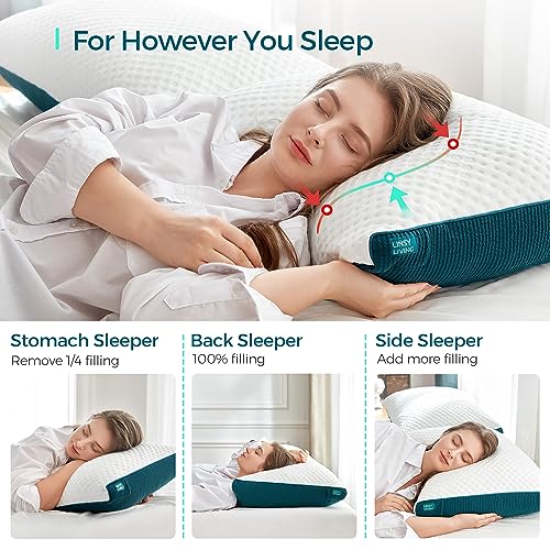 LINSY LIVING Shredded Memory Foam Pillow, Gel Infused Pillow with Tencel™ Washable Cover, Adjustable Firm Bed Pillows for Back, Stomach, Side Sleepers, CertiPUR-US & Oeko-TEX Certified, Queen