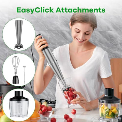 Immersion Blender Handheld Corded Hand Blender 1100W, Trigger Variable Speed 5 in 1 Stick Blender, Emulsion Blender Handheld with Chopper, Whisk and Frother for Soup, Puree Baby Food and Smoothies