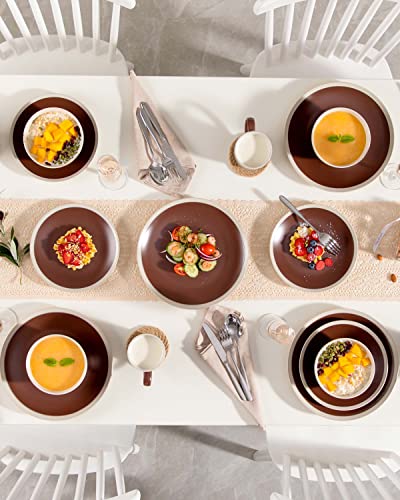 vancasso Seesami 16 Pieces Dinnerware Set Service For 4, Dark Brown and Cream Stoneware Made With Bowls Dinner Plates Dessert Plates and Mugs