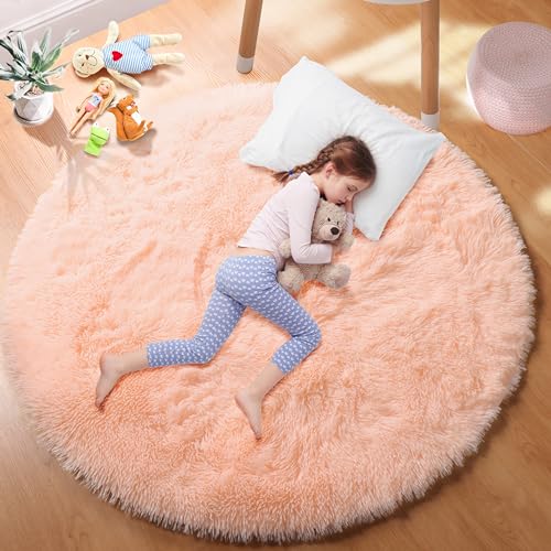 Fluffy Pink Round Rug for Girls Room