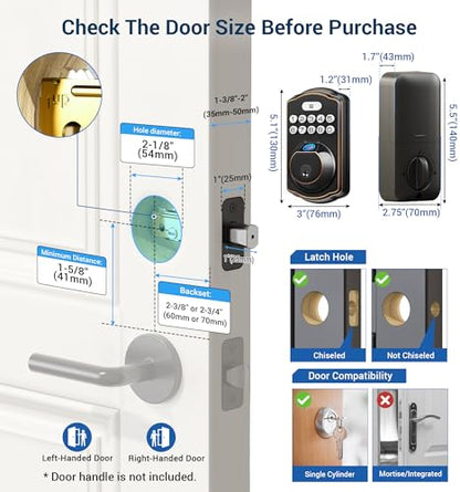 Veise Fingerprint Door Lock, Keyless Entry Door Lock, Electronic Keypad Deadbolt, Biometric Smart Locks for Front Door, Auto Lock, Anti-Peeking Password, Easy Install, Oil Rubbed Bronze