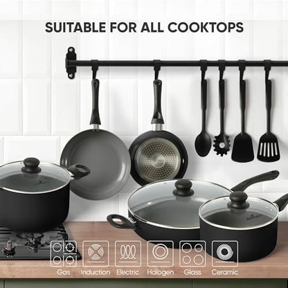 Flamingpan 12 Piece Nonstick Pots and Pans Sets,Kitchen Cookware with Ceramic Coating,Dishwasher Safe,Frying Pan Set with Lid, Induction Pots and Pans with Clearance,Suitable for Any Cooktop（Black）