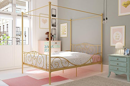 DHP Metal Canopy Kids Platform Bed with Four Poster Design, Scrollwork Headboard and Footboard, Underbed Storage Space, No Box Sring Needed, Full, Gold