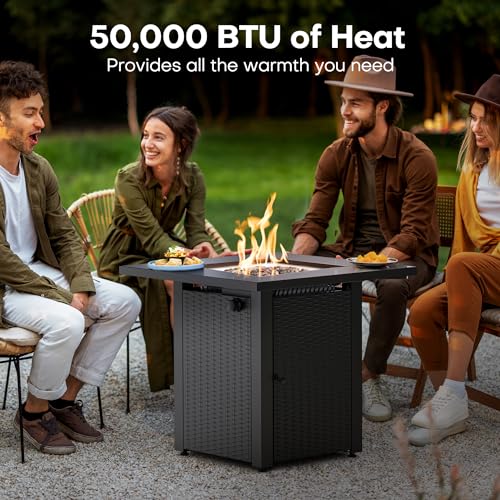 LEGACY HEATING Zeta 1 28in Propane Fire Pit Table, 50,000BTU Outdoor Gas Fire Pit, 2 in 1 Firepit Table w/ Lid, Lava Rock, ETL Certified Steel Fire Table add Warmth to Parties on Backyard, Black
