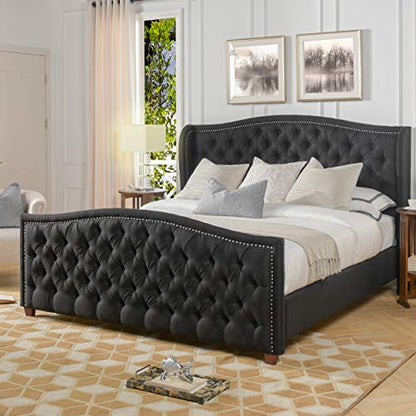 Jennifer Taylor Home Marcella Upholstered Shelter Headboard Bed Set, King, Jet Black Woven
