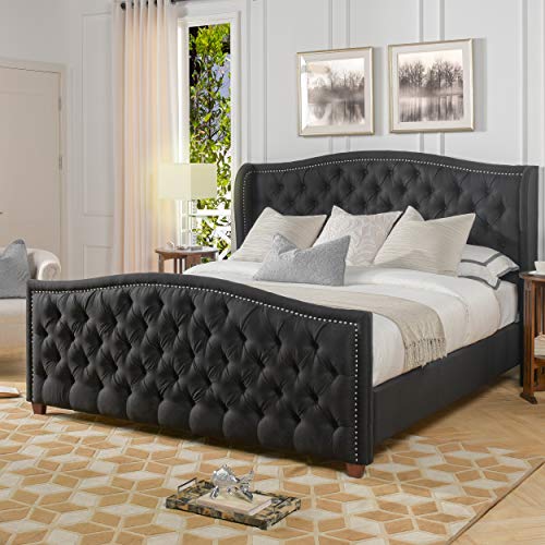 Jennifer Taylor Home Marcella Upholstered Shelter Headboard Bed Set, King, Jet Black Woven