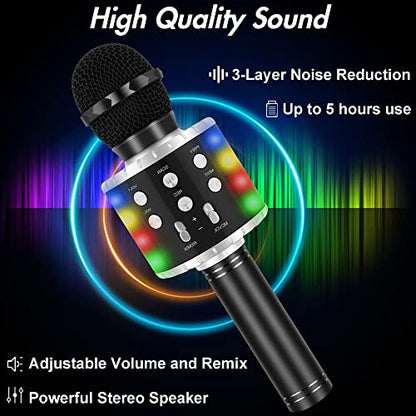 Winique Karaoke Microphone for Kids with Bluetooth & LED Lights - 5 in 1 Fun Toys Home KTV Birthday Party Player - Christmas Stocking Stuffers for Girls, Boys, and Teens （Black）