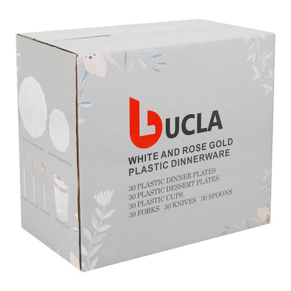 BUCLA 30Guest White And Rose Gold Plastic Plates With Rose Gold Plastic Silverware& Disposable Plastic Cups- Rose Gold Rim Plastic Dinnerware Ideal For Mother's Day, Weddings And Parties