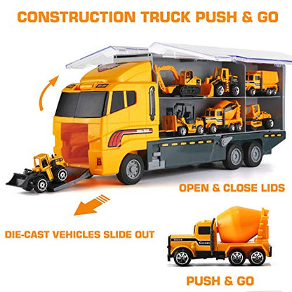 19 in 1 Construction Truck with Engineering Worker Toy Set, Mini Die-Cast Engine Car in Carrier Truck, Double Side Transport Vehicle Play for Child Kid Boy Girl Birthday Christmas Party Favors