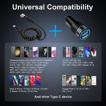 30W QC3.0 Android Car Phone Charger C Type USB C Car Adapter Plug with 3FT Android Auto Coiled USB C Cable Fast Charging for Samsung Galaxy A05S/A54/A34/A33/A14/A53/A13/A03S/A23/A24/S23 S22 Ultra/S23+