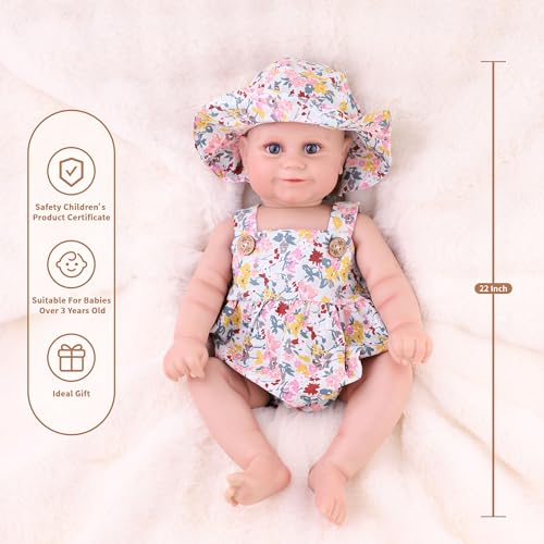 Reborn Baby Dolls Silicone Full Body 22 inch Real Life Toddler Baby Doll Lifelike Newborn Girl Cute Soft Vinyl Correct Realistic Toddler Dolls with Feeding Kit Toys Gifts Collection for Kids Age 3+