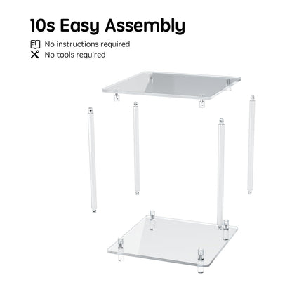 Homcred Square Side Table,Screwless Acrylic Side Table,19" L x 19" W x 23" H,Rapid 10-Second Setup,End Table,Nightstand,Coffee Table for Outdoor,Living Room,Bedroom,2-Tier, Clear