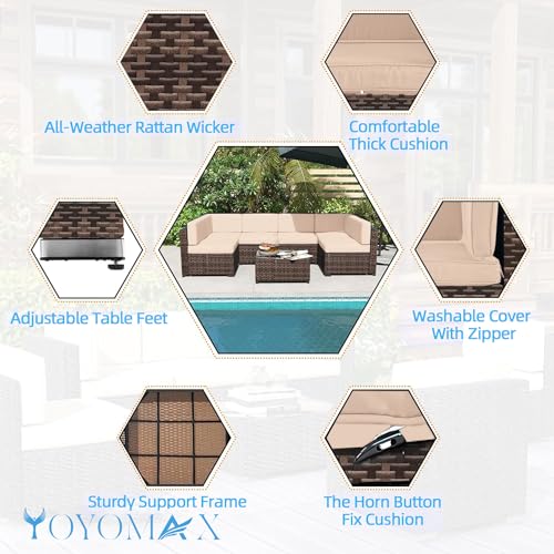 yoyomax 7-Piece Outdoor Patio Furniture, All-Weather Sectional PE Rattan Manual Weaving Wicker Glass Table&Cushion, 7PCS Conversation Sofa Set, Light Brown