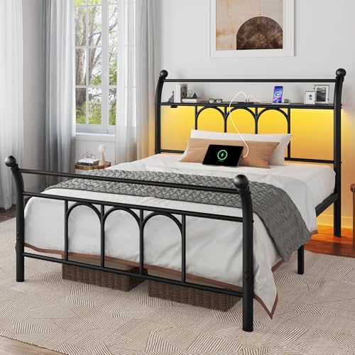 Twin Bed Frame with USB, LED, Storage Headboard
