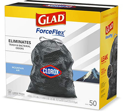 Glad Trash Bags, Large Drawstring Garbage Bags ForceFlex with Clorox, 30 Gallon Black Trash Bags, Mountain Air 50 Count (Package May Vary)