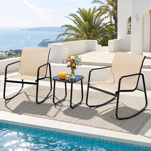 3 Piece Textilene Patio Rocking Chair Set