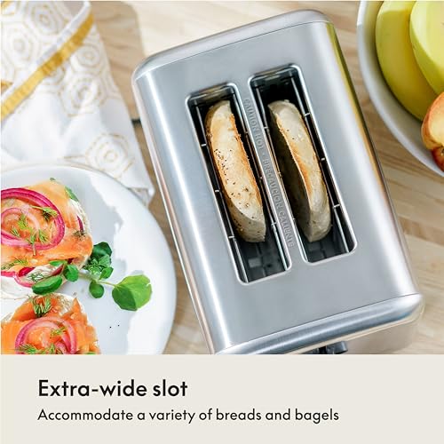 bella Stainless Steel 2 Slice Toaster with Extra Wide Slots & Removable Crumb Tray - 6 Browning Options, Auto Shut Off & Reheat Function - Toast Bread, Bagel & Waffle