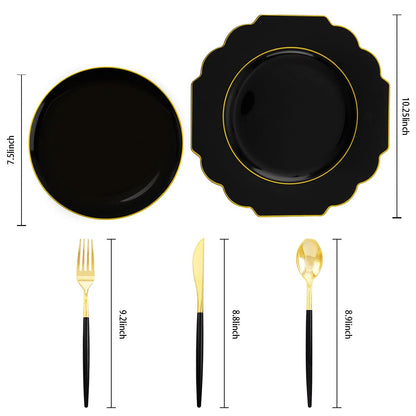 Supernal 150pcs Gold Plastic Dinnerware Set, Halloween Black Plastic Plates,Gold Plastic Silverware,Black and Gold Cutlery,include 30 Dinner Plates,30 Dessert Plates,30 Forks,30 Knives,30 Spoons