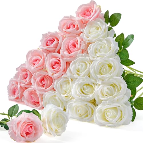 20 Pack Artificial Roses 4" Silk Long Stem Bouquet