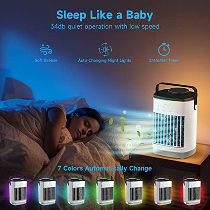 Portable Air Conditioners, Cooling fan Mini Air Conditioner Portable, 4 Wind Speed & 7 LED Light, 2 Cool Air Spray & 2-8H Timer, Personal Air Conditioner Evaporative Air Cooler for Room/Office