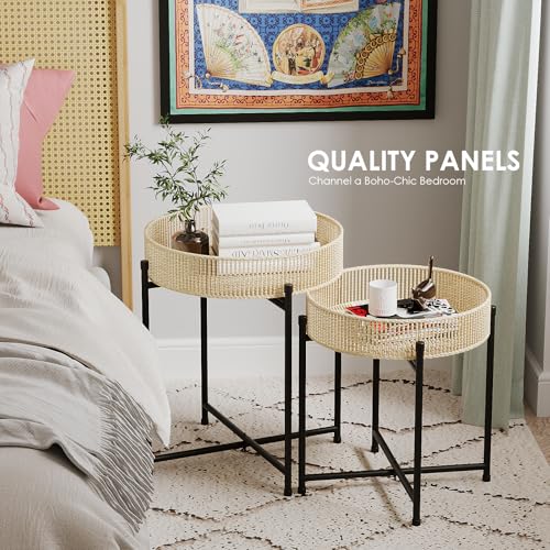 Bamworld Round Side Table Set of 2 Nesting Tables Rattan Coffee Tables Boho End Tables for Living Room Bedside Tables for Small Spaces Hand Woven Night Stands with Metal Legs Natural