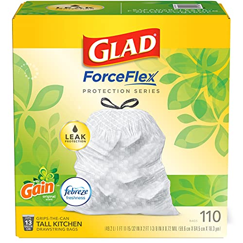 GLAD ForceFlex Tall Kitchen Drawstring Trash Bags, 13 Gallon White Trash Bag for Kitchen Trash Can, Gain Original Scent, Odor Shield, Odor Eliminator, Leak Protection, 110 Count