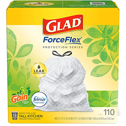 GLAD ForceFlex Tall Kitchen Drawstring Trash Bags, 13 Gallon White Trash Bag for Kitchen Trash Can, Gain Original Scent, Odor Shield, Odor Eliminator, Leak Protection, 110 Count