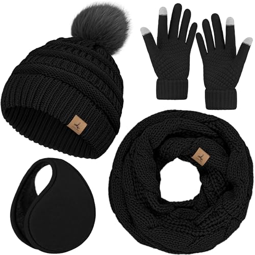 Winter Hat Scarf Gloves and Ear Warmer, Warm Knit Beanie Hat Touch Screen Gloves Set Winter Gifts Neck Scarves for Women Black