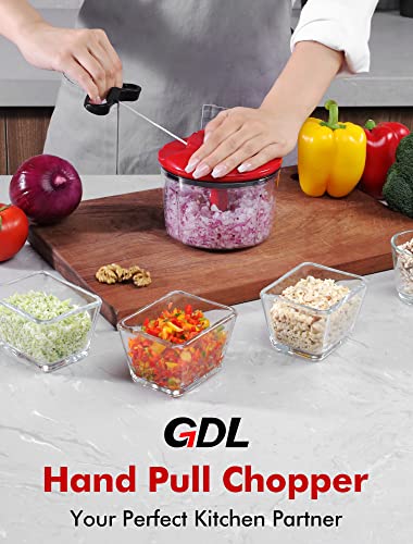Food Chopper, Pull Onion Chopper Dicer, Hand Powered Food Chopper, Fast Cutting Hand Chopper Mincer for Oinon, Garlic, Nut, 3.4 Cups 0.8L, Red
