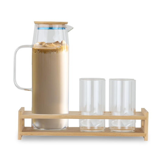 Glass Pitcher Set with Bamboo Base and Lid