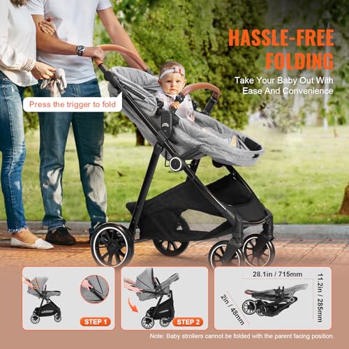 VEVOR Standard Baby Stroller, Infant Toddler Stroller with Bassinet, 3rd-Gear Adjustable Backrest & Foldable & Reversible Seat, Carbon Steel Newborn Stroller with Leg Cover and Mesh Net, Black