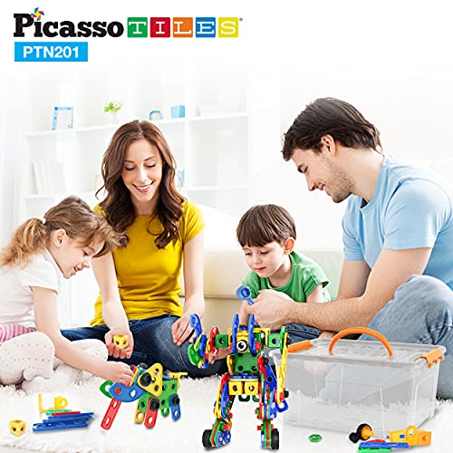 PicassoTiles STEM Learning Toys 201 Piece Building Block Kids Construction Engineering Kit Toy Blocks Children Early Education Playset w/Free IdeaBook, Power Drill, Clickable Ratchet, Age 3+ PTN201