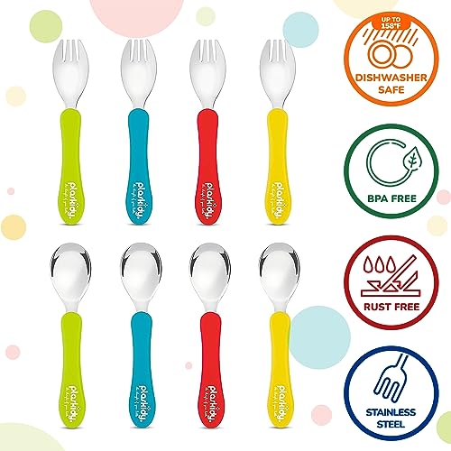 PLASKIDY Toddler Silverware Set of 8 Kids Utensils Forks and Spoons - BPA FREE/Dishwasher Safe Toddlers Utensils Stainless Steel - Children's Safe Flatware Cutlery Set