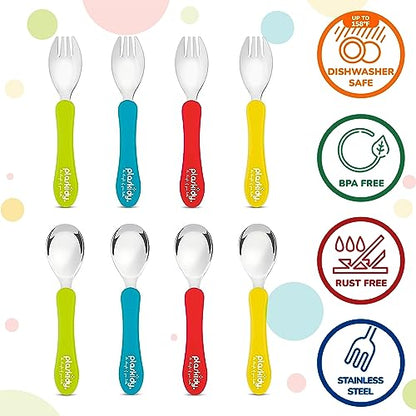 PLASKIDY Toddler Silverware Set of 8 Kids Utensils Forks and Spoons - BPA FREE/Dishwasher Safe Toddlers Utensils Stainless Steel - Children's Safe Flatware Cutlery Set