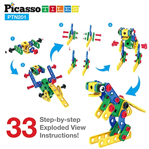 PicassoTiles STEM Learning Toys 201 Piece Building Block Kids Construction Engineering Kit Toy Blocks Children Early Education Playset w/Free IdeaBook, Power Drill, Clickable Ratchet, Age 3+ PTN201