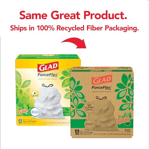 Glad Trash Bags, ForceFlex Protection Series Tall Garbage Bags, 13 Gal, Gain Original with Febreze, 110 Ct (Package May Vary)