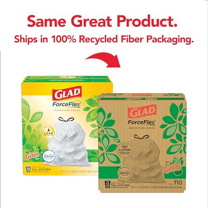 Glad Trash Bags, ForceFlex Protection Series Tall Garbage Bags, 13 Gal, Gain Original with Febreze, 110 Ct (Package May Vary)