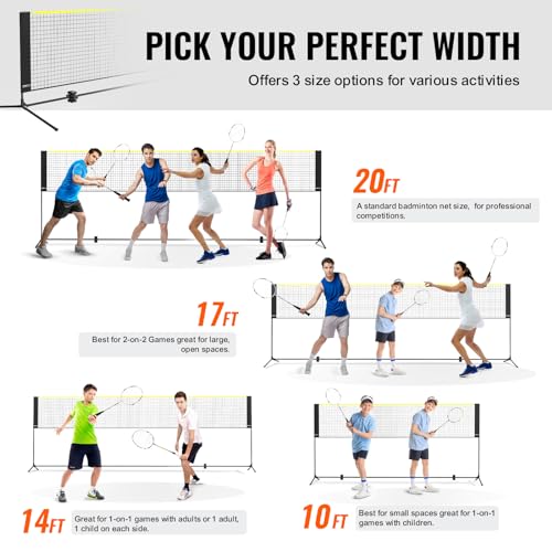 VEVOR Badminton Net, Height Adjustable Volleyball Net, 20ft Wide Foldable Pickleball Net, Portable Tennis Net Set with Poles, Stand, Bag, Rackets, Nylon Shuttlecocks, Kid Backyard Indoor Outdoor Use