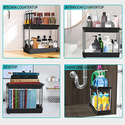 [Upgrade Wheels] Durmmur 2 Packs Under Sink Organizers and Storage, Multi-Purpose 2 Tier Bathroom Organization Countertop or Undersink Shelf, Kitchen Under Cabinet Container Basket Caddy