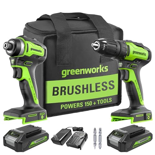 2 Battery Greenworks 24V Cordless Drill Impact Driver Combo
