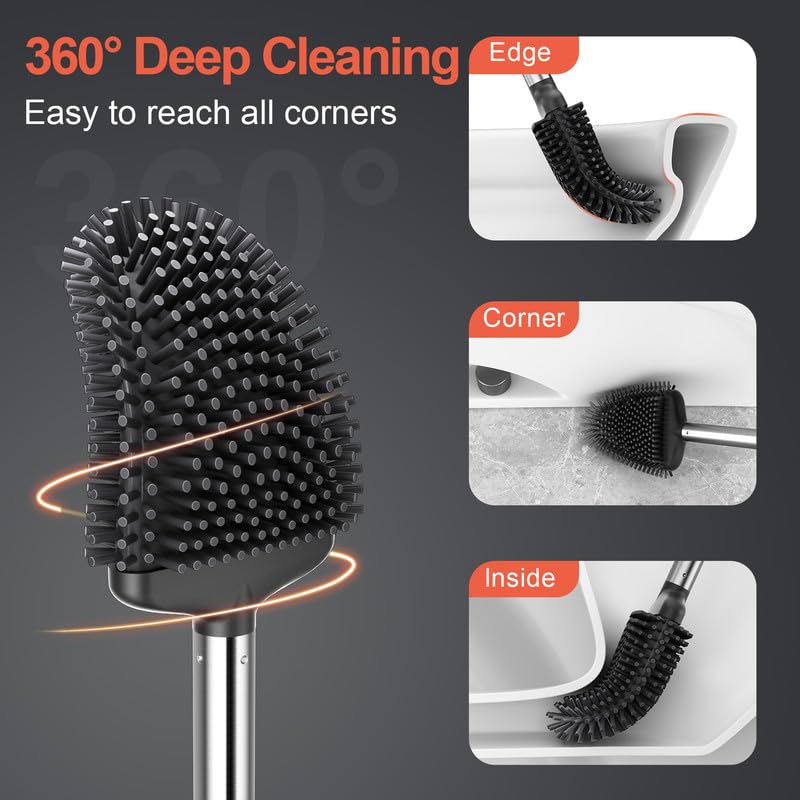 Silicone Toilet Bowl Brush with Holder: Long Handle Toilet Brush and Holder Set for Bathroom, Wall Mounted Toilet Scrubber Cleaner Brush(Black&Grey)