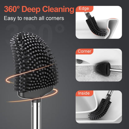 Silicone Toilet Bowl Brush with Holder: Long Handle Toilet Brush and Holder Set for Bathroom, Wall Mounted Toilet Scrubber Cleaner Brush(Black&Grey)