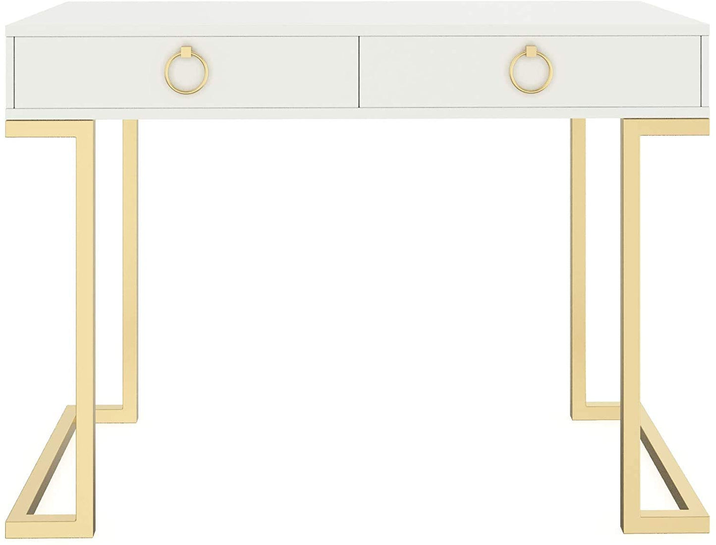 Nathan James Leighton Two-Drawer Writing Glam Accents Brass, Home Office Computer Desk or Vanity Table, 2, White/Gold, Small