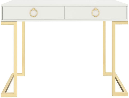 Nathan James Leighton Two-Drawer Writing Glam Accents Brass, Home Office Computer Desk or Vanity Table, 2, White/Gold, Small