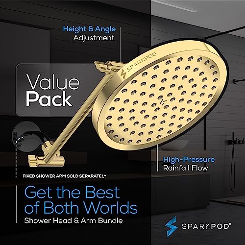 SparkPod Round Rain Shower Head with Shower Head Extension Arm - High Pressure Rain - Luxury Modern Look - No Hassle Tool-less 1-Min Installation (11" Shower Arm Extension, Egyptian Gold)