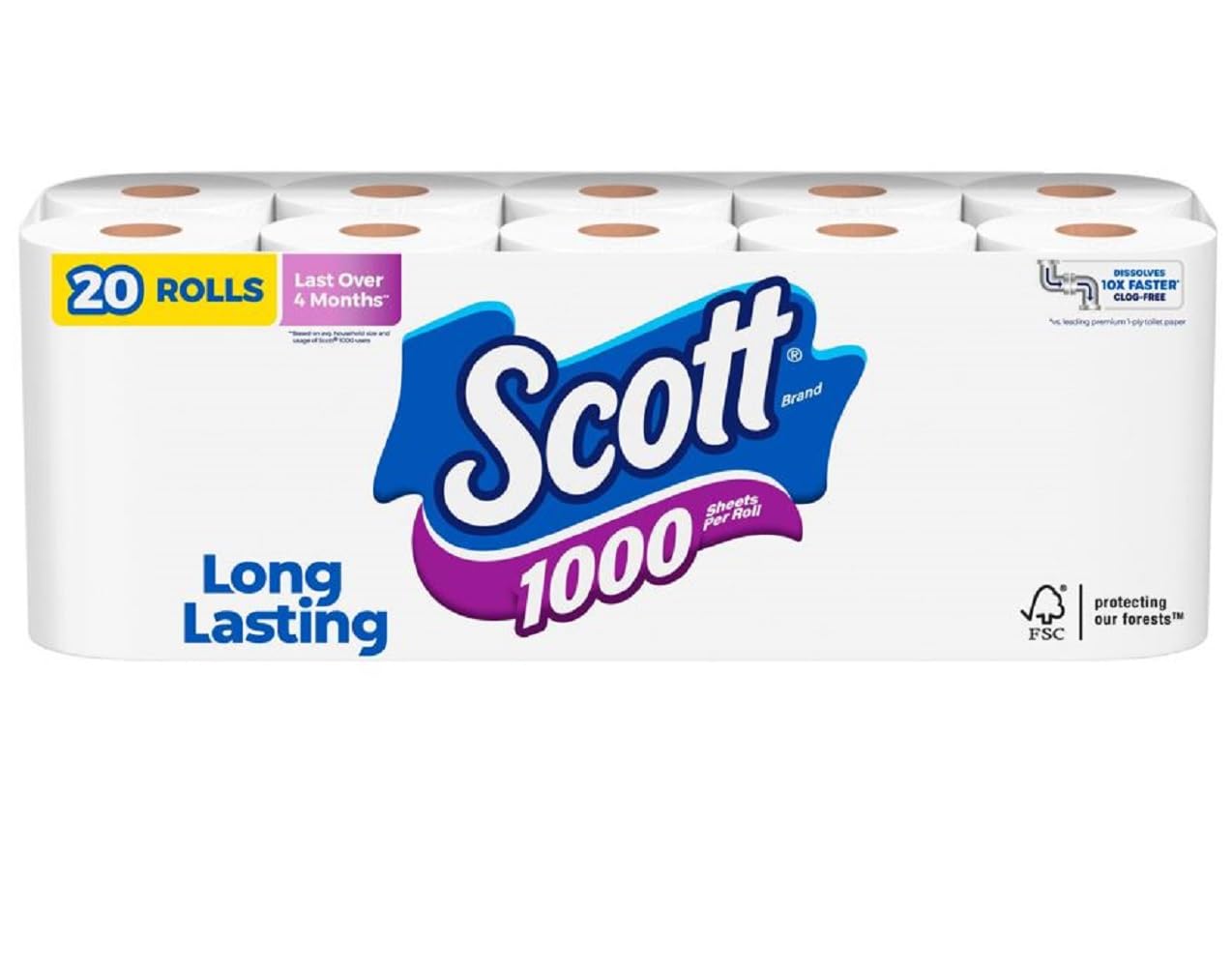 Scott 1000 Toilet Paper, 20 Regular Rolls, Septic-Safe, 1-Ply Toilet Tissue