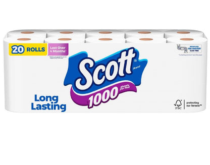 Scott 1000 Toilet Paper, 20 Regular Rolls, Septic-Safe, 1-Ply Toilet Tissue